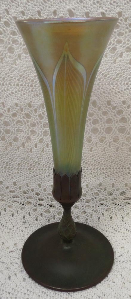 Beautiful Signed Tiffany Favrile Glass Gold Dore Bronze Trumpet Vase Beautiful Signed Tiffany Favrile Glass Gold Dore Bronze Trumpet Vase