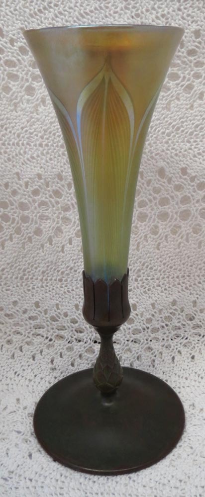 Beautiful Signed Tiffany Favrile Glass Gold Dore Bronze Trumpet Vase Beautiful Signed Tiffany Favrile Glass Gold Dore Bronze Trumpet Vase