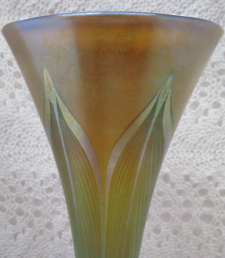 Beautiful Signed Tiffany Favrile Glass Gold Dore Bronze Trumpet Vase Beautiful Signed Tiffany Favrile Glass Gold Dore Bronze Trumpet Vase