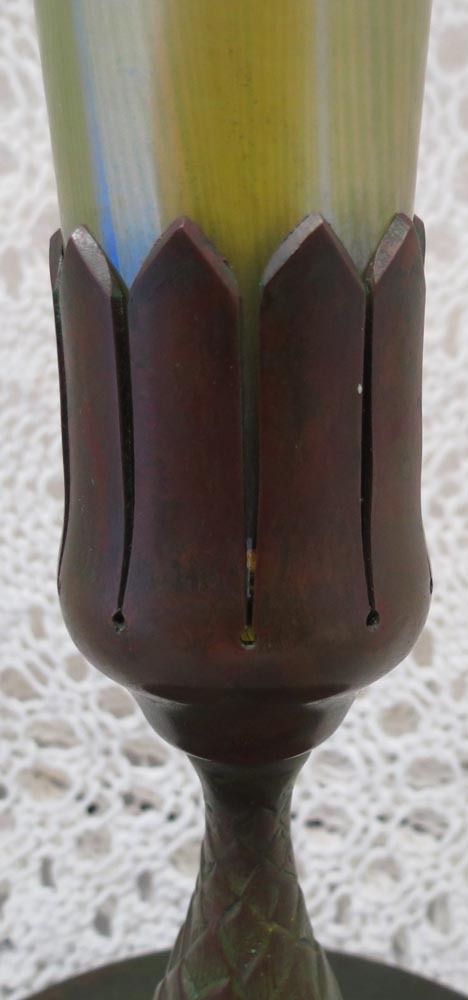 Beautiful Signed Tiffany Favrile Glass Gold Dore Bronze Trumpet Vase Beautiful Signed Tiffany Favrile Glass Gold Dore Bronze Trumpet Vase
