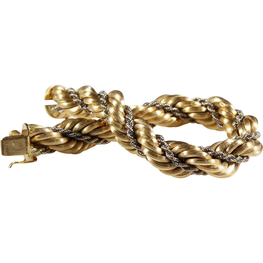 Gold Rope Bracelet | 18K Yellow White | Vintage Switzerland Braided