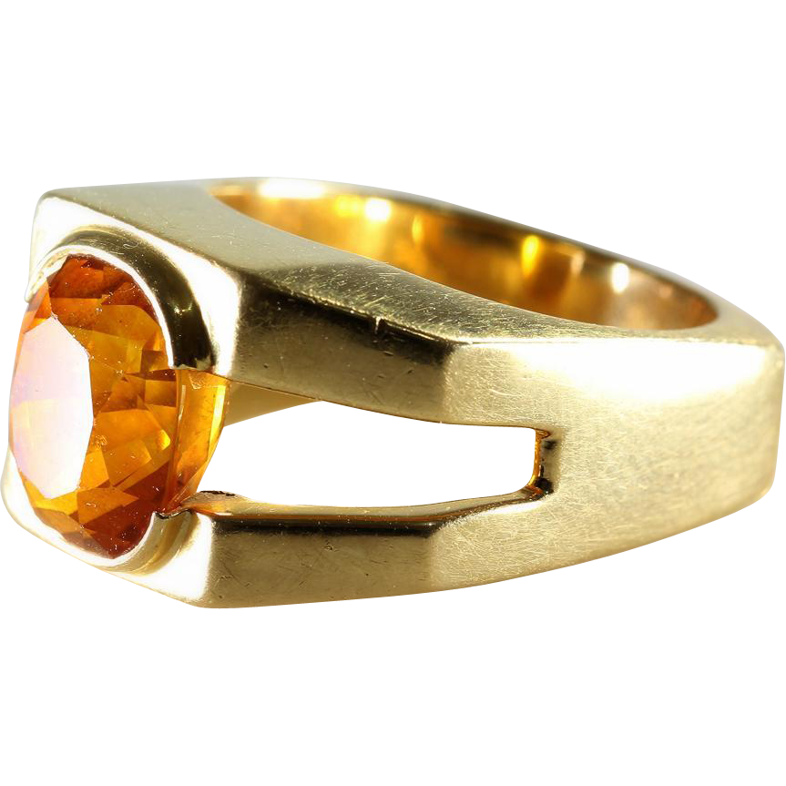 Mens Sapphire Ring | 18K Gold Orange Solitaire | Vintage Oval 7.99Ct