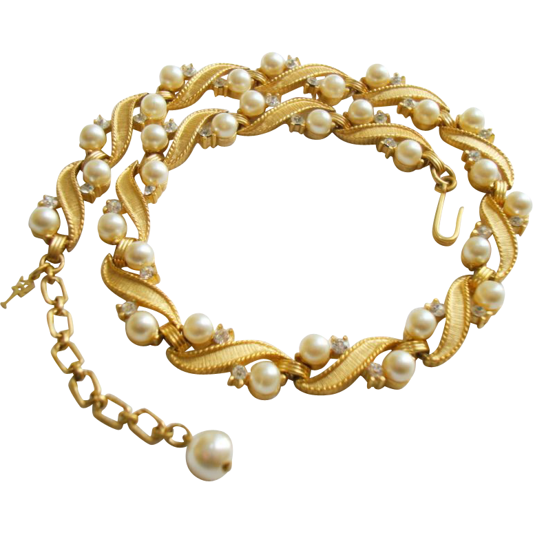 Crown Trifari Incredibly Lovely Necklace of Coiling Ribbons with Rhinestones and Faux Pearls Crown Trifari Incredibly Lovely Necklace of Coiling Ribbons with Rhinestones and Faux Pearls