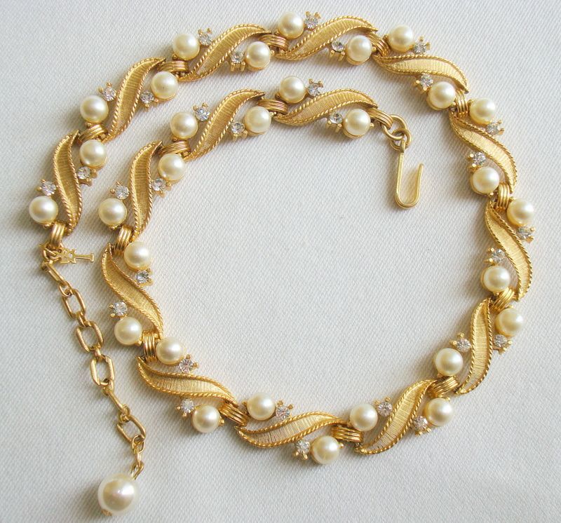 Crown Trifari Incredibly Lovely Necklace of Coiling Ribbons with Rhinestones and Faux Pearls Crown Trifari Incredibly Lovely Necklace of Coiling Ribbons with Rhinestones and Faux Pearls