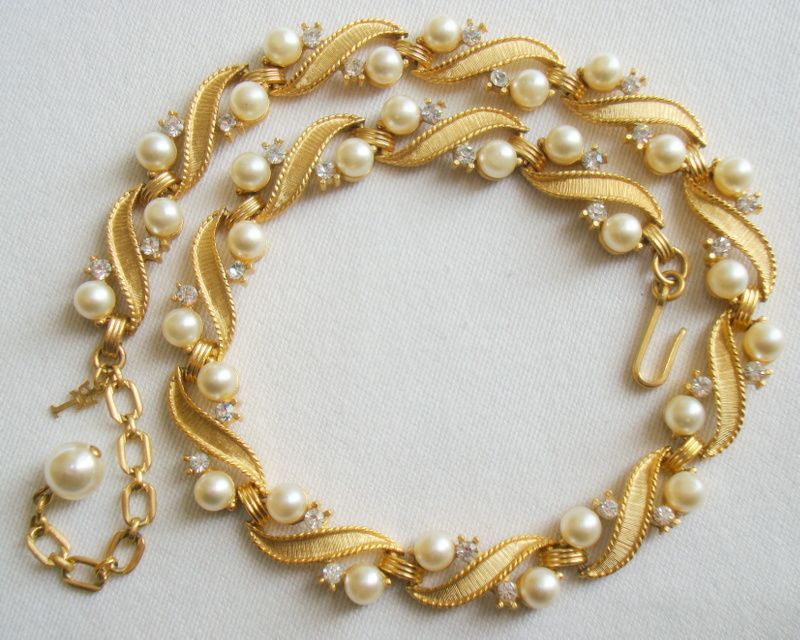 Crown Trifari Incredibly Lovely Necklace of Coiling Ribbons with Rhinestones and Faux Pearls Crown Trifari Incredibly Lovely Necklace of Coiling Ribbons with Rhinestones and Faux Pearls