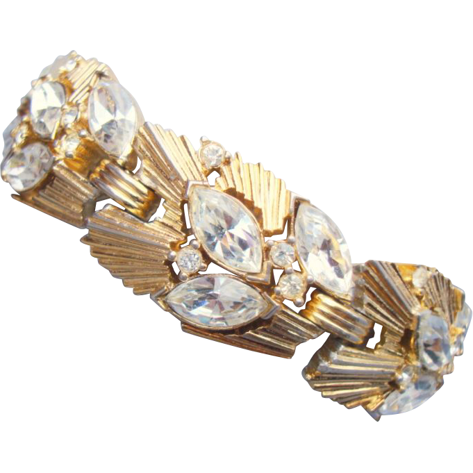 CROWN TRIFARI Glamorous Gold Coloured Metal Bracelet with Clear Marquis and Chaton Rhinestones CROWN TRIFARI Glamorous Gold Coloured Metal Bracelet with Clear Marquis and Chaton Rhinestones