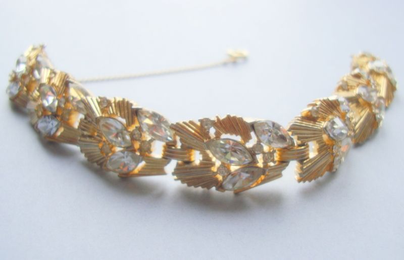 CROWN TRIFARI Glamorous Gold Coloured Metal Bracelet with Clear Marquis and Chaton Rhinestones CROWN TRIFARI Glamorous Gold Coloured Metal Bracelet with Clear Marquis and Chaton Rhinestones