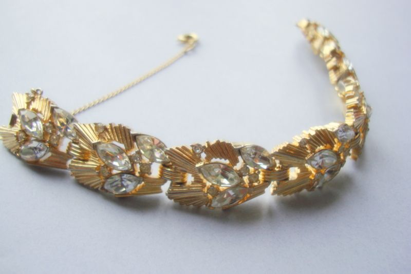 CROWN TRIFARI Glamorous Gold Coloured Metal Bracelet with Clear Marquis and Chaton Rhinestones CROWN TRIFARI Glamorous Gold Coloured Metal Bracelet with Clear Marquis and Chaton Rhinestones