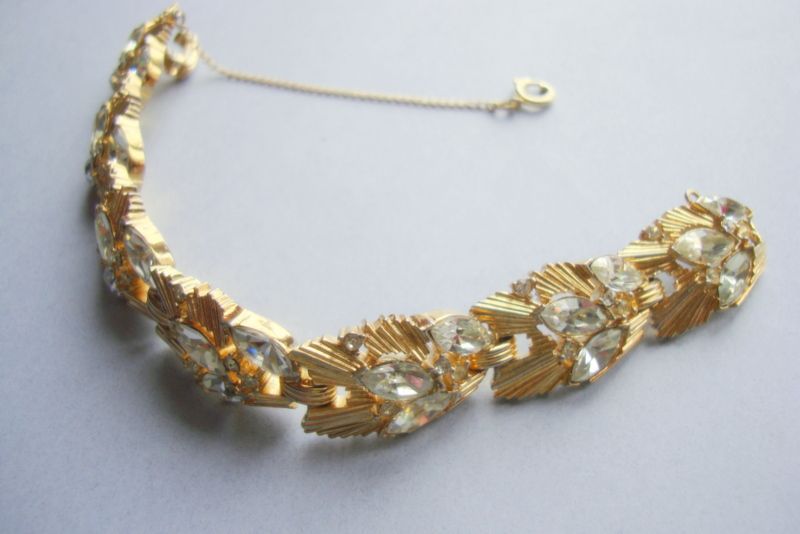 CROWN TRIFARI Glamorous Gold Coloured Metal Bracelet with Clear Marquis and Chaton Rhinestones CROWN TRIFARI Glamorous Gold Coloured Metal Bracelet with Clear Marquis and Chaton Rhinestones
