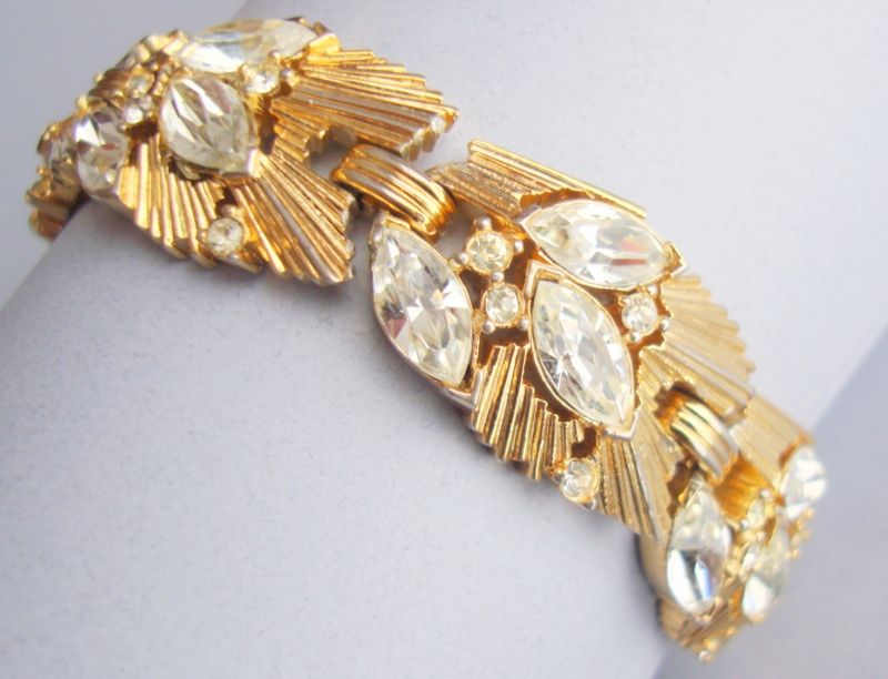 CROWN TRIFARI Glamorous Gold Coloured Metal Bracelet with Clear Marquis and Chaton Rhinestones CROWN TRIFARI Glamorous Gold Coloured Metal Bracelet with Clear Marquis and Chaton Rhinestones