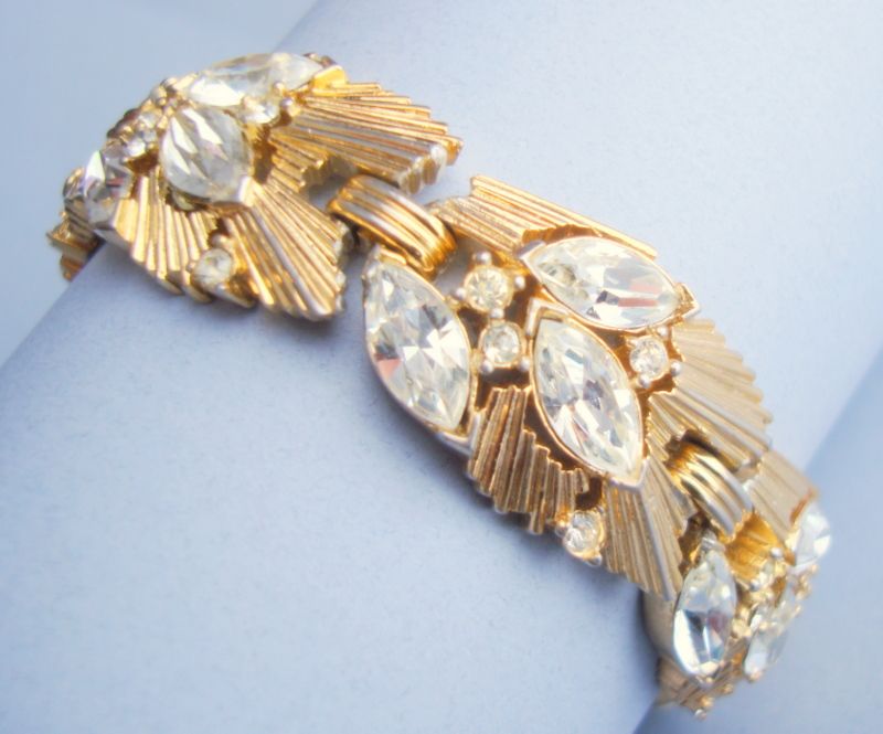 CROWN TRIFARI Glamorous Gold Coloured Metal Bracelet with Clear Marquis and Chaton Rhinestones CROWN TRIFARI Glamorous Gold Coloured Metal Bracelet with Clear Marquis and Chaton Rhinestones