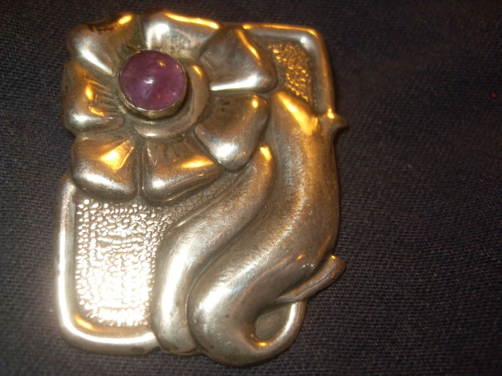Handmade Sterling Silver Amethyst Art Nouveau Pin Handmade Sterling Silver Amethyst Art Nouveau Pin