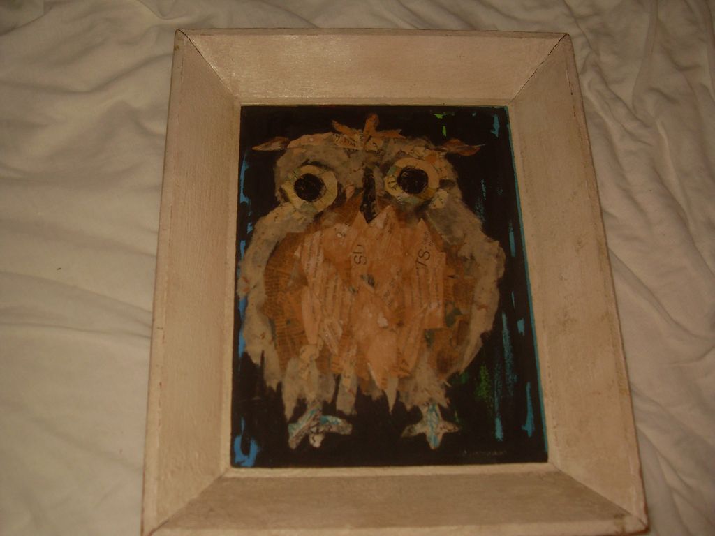 Jo Lathwood Mixed Media Collage "Owl" Signed Listed Hughes Jo Lathwood Mixed Media Collage "Owl" Signed Listed Hughes