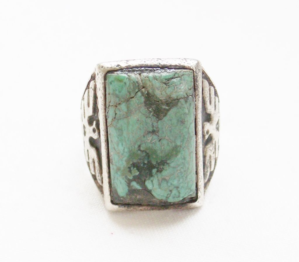 Circa 1940 - Old Beater - Double Thunderbird and Double Yei's Southwestern Turquoise Silver Ring - Size 8 3/4 - AS IS Circa 1940 - Old Beater - Double Thunderbird and Double Yei's Southwestern Turquoise Silver Ring - Size 8 3/4 - AS IS