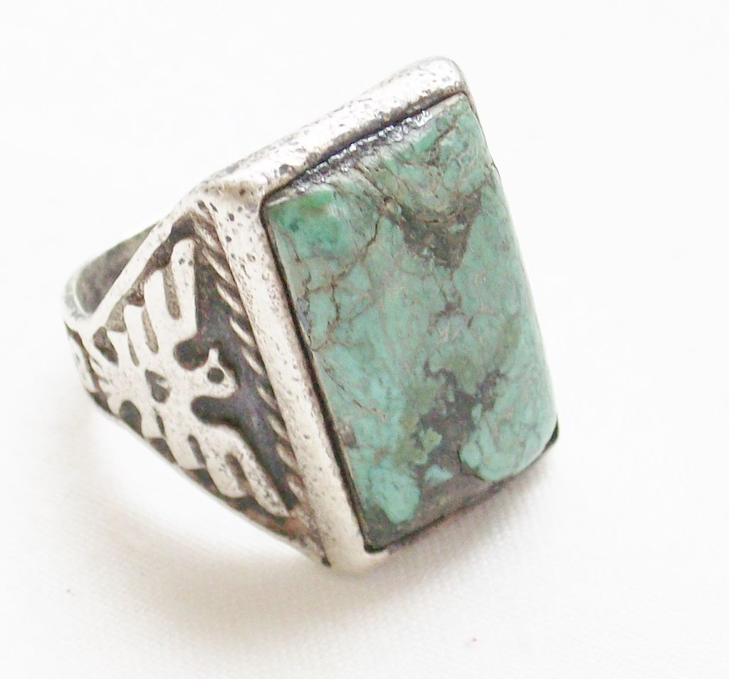 Circa 1940 - Old Beater - Double Thunderbird and Double Yei's Southwestern Turquoise Silver Ring - Size 8 3/4 - AS IS Circa 1940 - Old Beater - Double Thunderbird and Double Yei's Southwestern Turquoise Silver Ring - Size 8 3/4 - AS IS