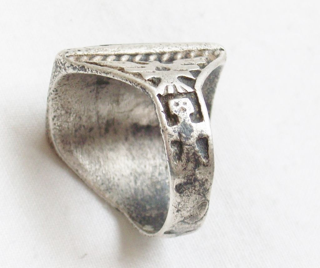 Circa 1940 - Old Beater - Double Thunderbird and Double Yei's Southwestern Turquoise Silver Ring - Size 8 3/4 - AS IS Circa 1940 - Old Beater - Double Thunderbird and Double Yei's Southwestern Turquoise Silver Ring - Size 8 3/4 - AS IS