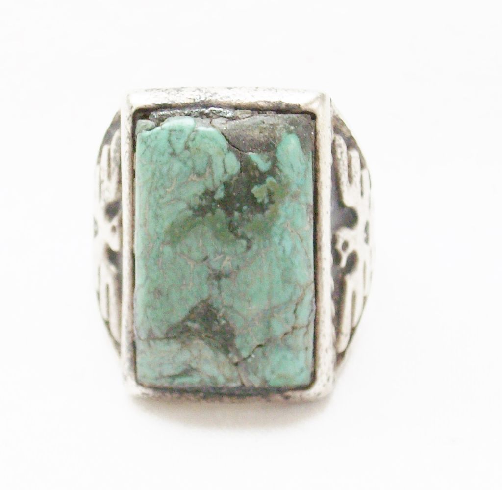 Circa 1940 - Old Beater - Double Thunderbird and Double Yei's Southwestern Turquoise Silver Ring - Size 8 3/4 - AS IS Circa 1940 - Old Beater - Double Thunderbird and Double Yei's Southwestern Turquoise Silver Ring - Size 8 3/4 - AS IS