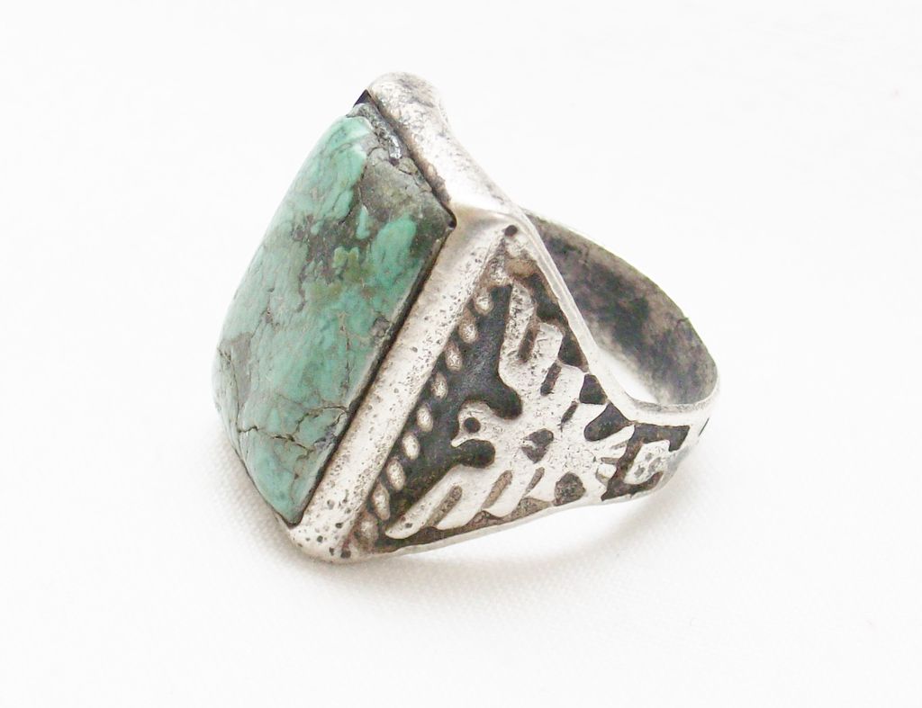 Circa 1940 - Old Beater - Double Thunderbird and Double Yei's Southwestern Turquoise Silver Ring - Size 8 3/4 - AS IS Circa 1940 - Old Beater - Double Thunderbird and Double Yei's Southwestern Turquoise Silver Ring - Size 8 3/4 - AS IS