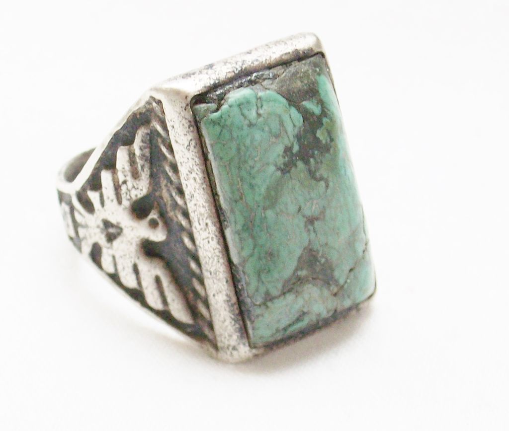Circa 1940 - Old Beater - Double Thunderbird and Double Yei's Southwestern Turquoise Silver Ring - Size 8 3/4 - AS IS Circa 1940 - Old Beater - Double Thunderbird and Double Yei's Southwestern Turquoise Silver Ring - Size 8 3/4 - AS IS