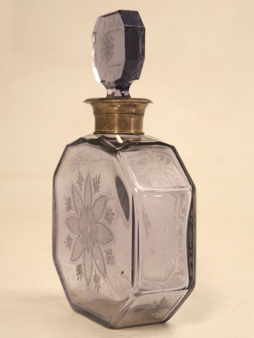 Antique French Thistle Colored Glass Perfume Decanter w/Engraved Decorations Antique French Thistle Colored Glass Perfume Decanter w/Engraved Decorations