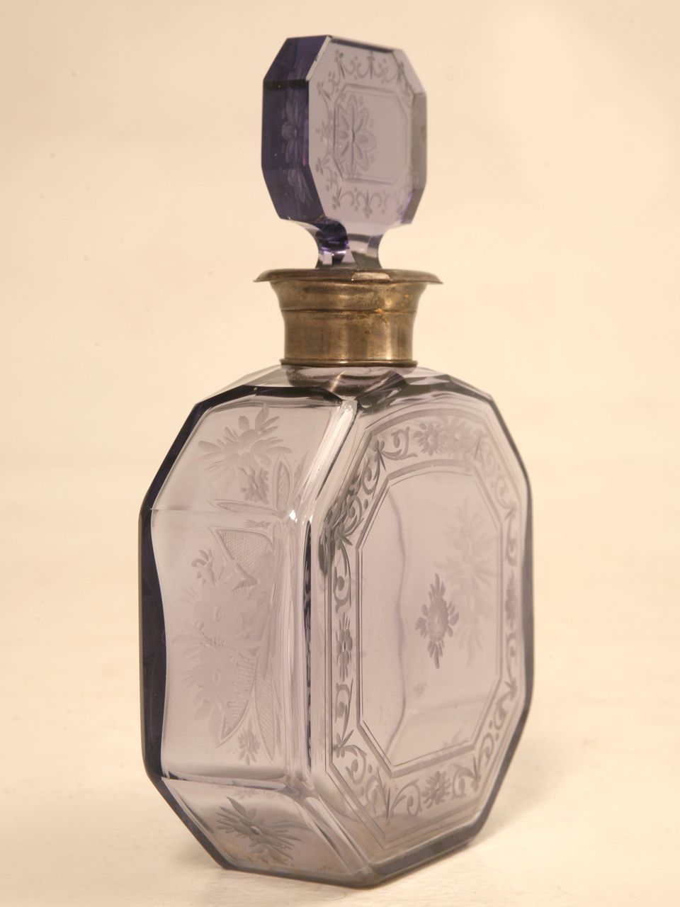 Antique French Thistle Colored Glass Perfume Decanter w/Engraved Decorations Antique French Thistle Colored Glass Perfume Decanter w/Engraved Decorations