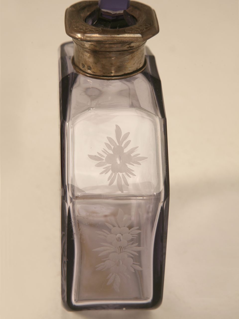 Antique French Thistle Colored Glass Perfume Decanter w/Engraved Decorations Antique French Thistle Colored Glass Perfume Decanter w/Engraved Decorations