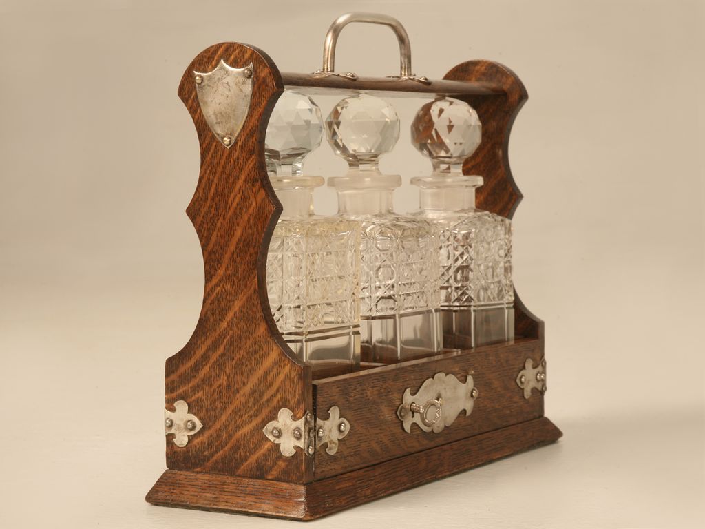 Original Antique English Oak & Hand-Cut Crystal Locking Tantalus w/Key Original Antique English Oak & Hand-Cut Crystal Locking Tantalus w/Key