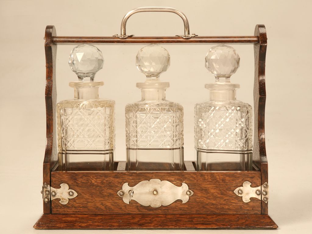 Original Antique English Oak & Hand-Cut Crystal Locking Tantalus w/Key Original Antique English Oak & Hand-Cut Crystal Locking Tantalus w/Key
