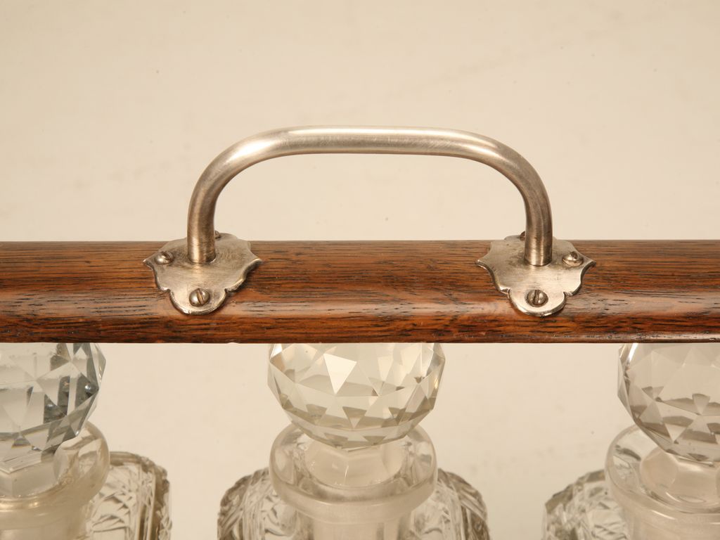 Original Antique English Oak & Hand-Cut Crystal Locking Tantalus w/Key Original Antique English Oak & Hand-Cut Crystal Locking Tantalus w/Key