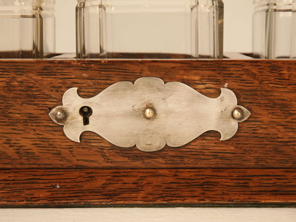 Original Antique English Oak & Hand-Cut Crystal Locking Tantalus w/Key Original Antique English Oak & Hand-Cut Crystal Locking Tantalus w/Key