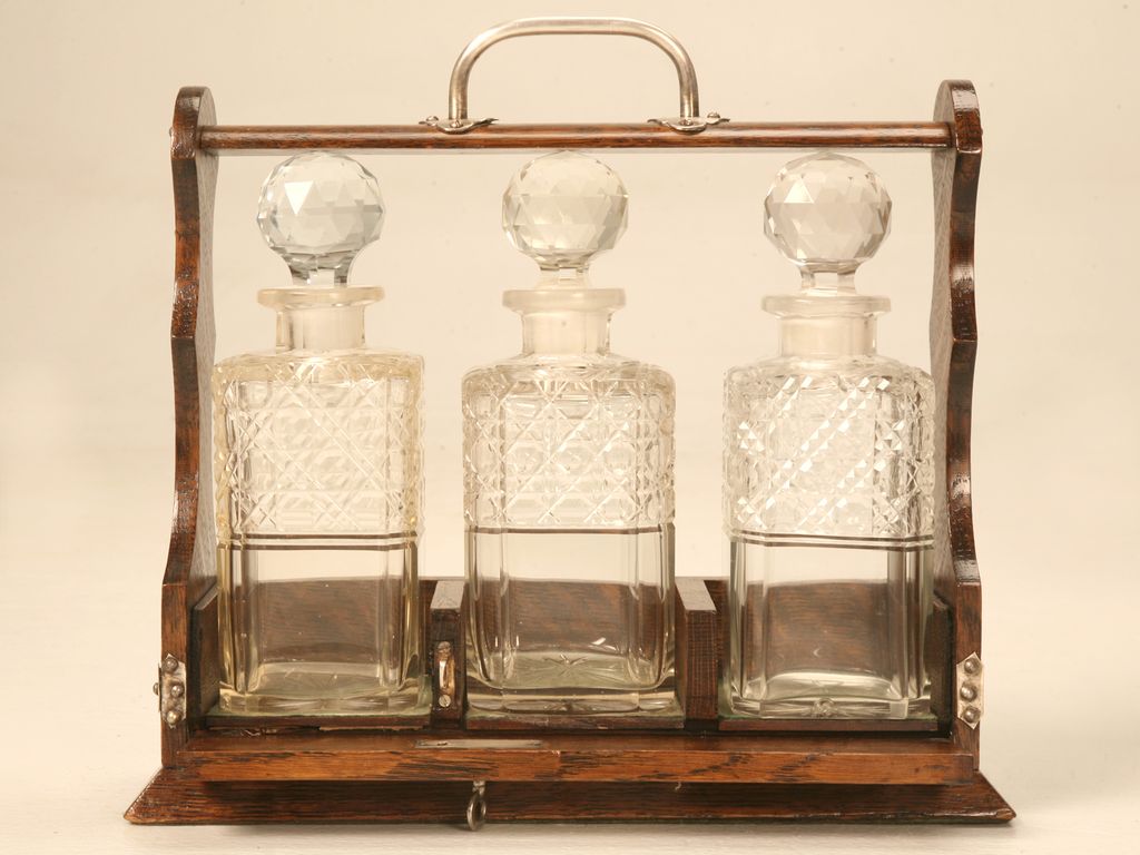 Original Antique English Oak & Hand-Cut Crystal Locking Tantalus w/Key Original Antique English Oak & Hand-Cut Crystal Locking Tantalus w/Key