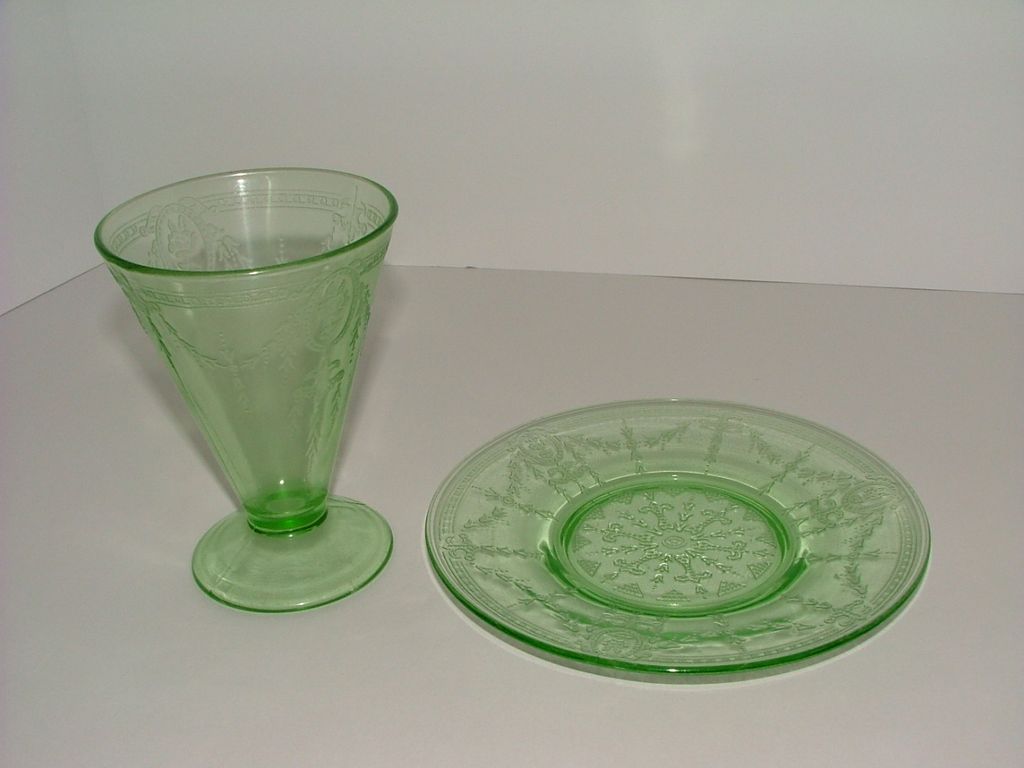Green Depression Glass Tumbler & Saucer - 1931 Rose Cameo Pattern Green Depression Glass Tumbler & Saucer - 1931 Rose Cameo Pattern