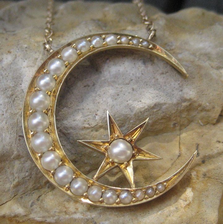 Victorian Moon & Star Seed Pearl Pendant 14k Necklace Victorian Moon & Star Seed Pearl Pendant 14k Necklace