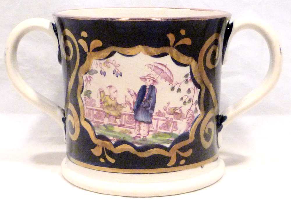 Antique Staffordshire Loving Cup with Chinoiserie Cobalt 