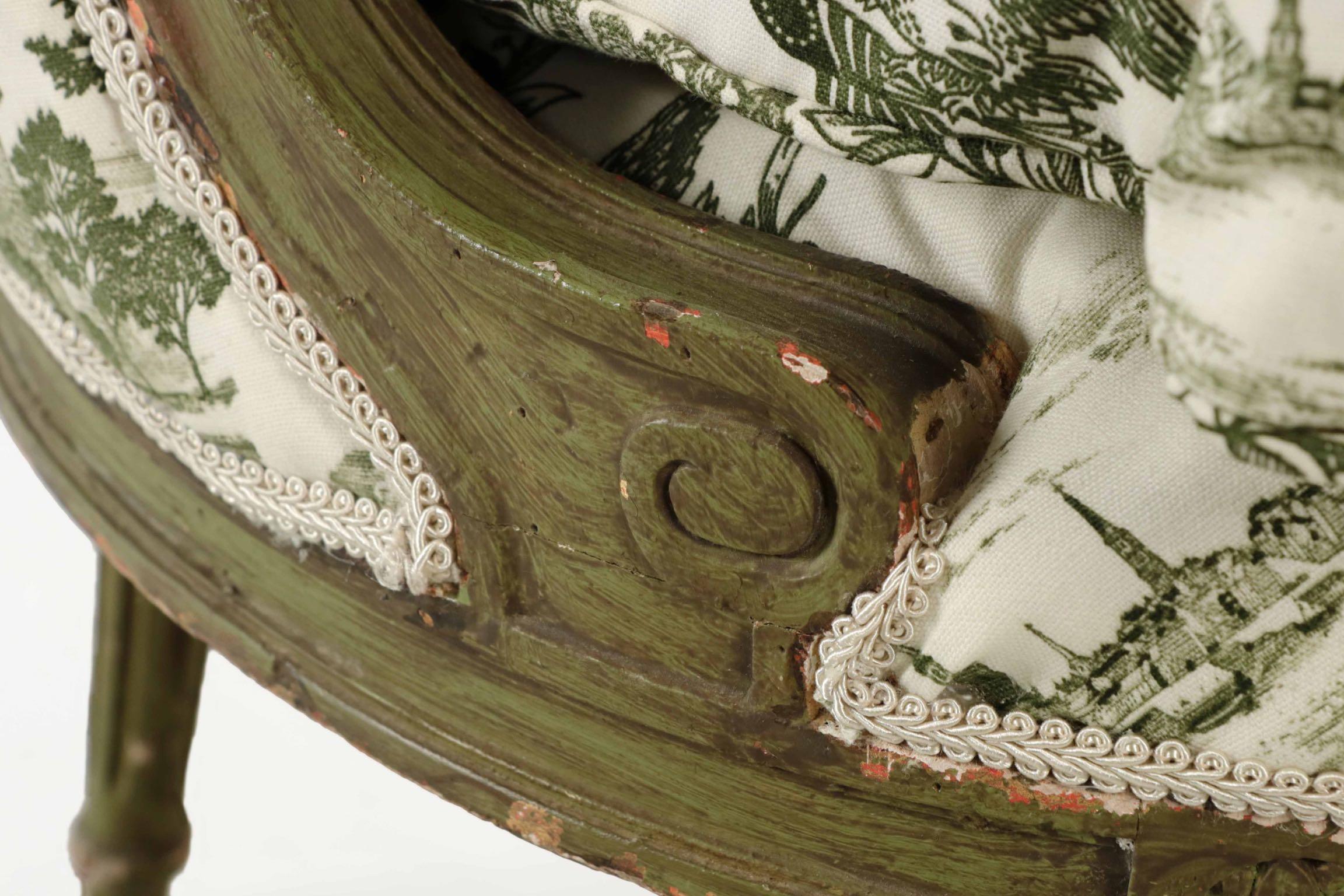 French Louis XVI Arm Chair with Green Painted Surface, Antique c. 1890-1910 French Louis XVI Arm Chair with Green Painted Surface, Antique c. 1890-1910