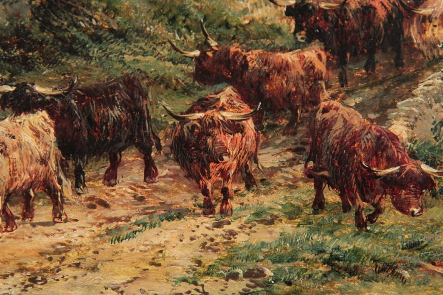 William Langley Antique Oil Painting on Canvas, (British, 1852-1922) "Loch Achray", A Scene of Cattle at a Highland Lake William Langley Antique Oil Painting on Canvas, (British, 1852-1922) "Loch Achray", A Scene of Cattle at a Highland Lake