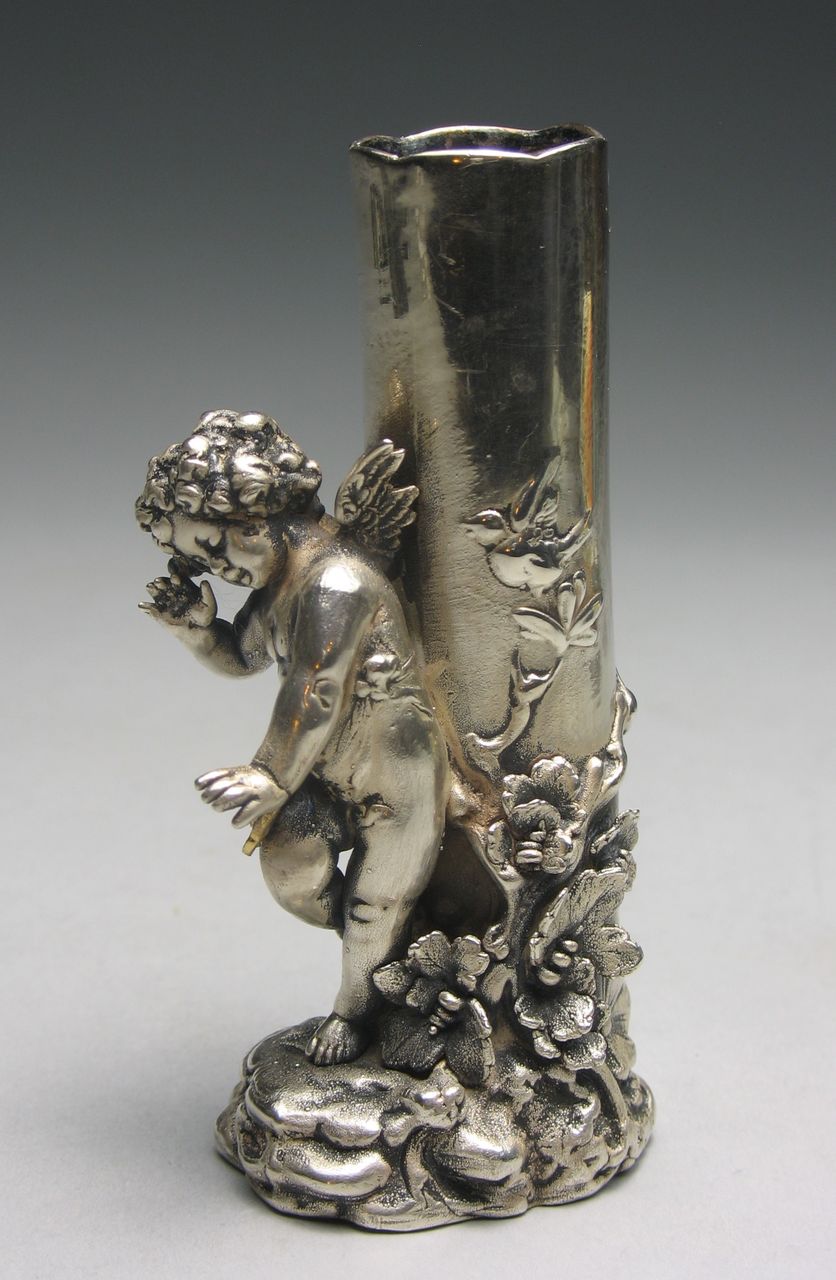 Antique Porcelain Sterling Silver Overlay Cherub Vase Antique Porcelain Sterling Silver Overlay Cherub Vase