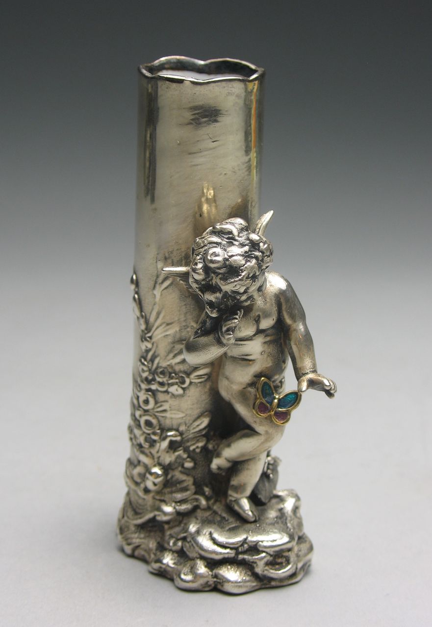 Antique Porcelain Sterling Silver Overlay Cherub Vase Antique Porcelain Sterling Silver Overlay Cherub Vase