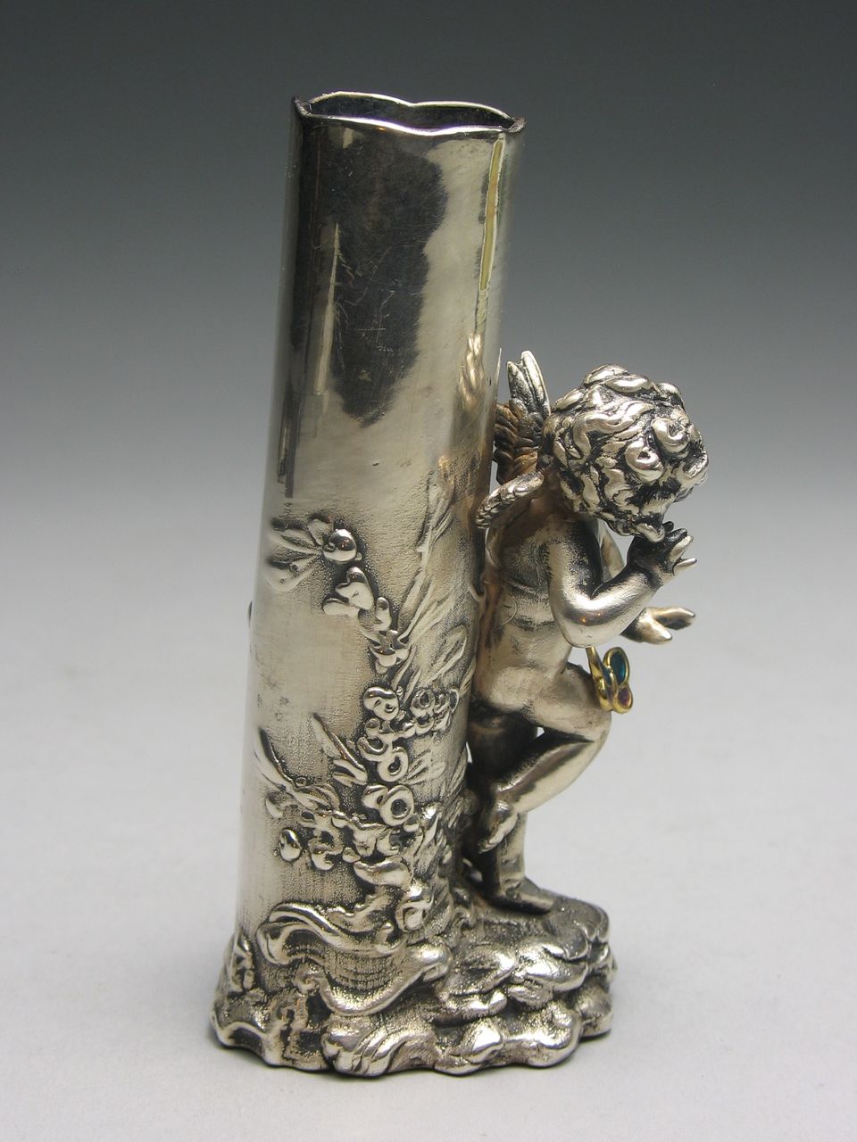 Antique Porcelain Sterling Silver Overlay Cherub Vase Antique Porcelain Sterling Silver Overlay Cherub Vase