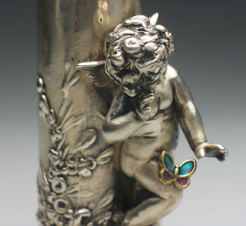 Antique Porcelain Sterling Silver Overlay Cherub Vase Antique Porcelain Sterling Silver Overlay Cherub Vase
