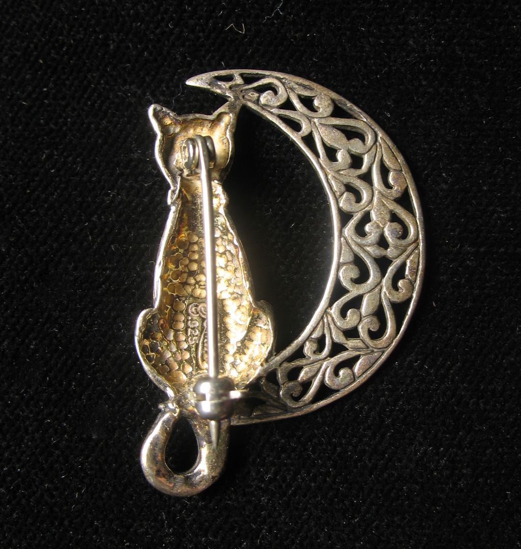 Cat and Moon Sterling Silver Brooch Pin Cat and Moon Sterling Silver Brooch Pin