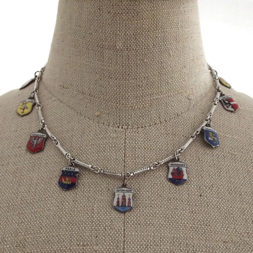 1950s Souvenir Necklace with 9 European City Enamel Charms 830 Silver 1950s Souvenir Necklace with 9 European City Enamel Charms 830 Silver