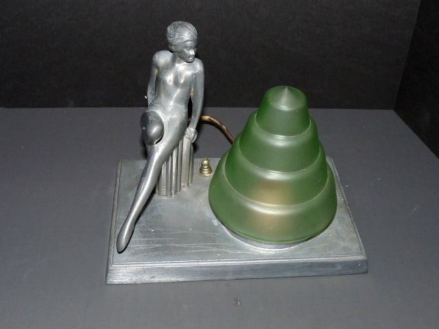 Art Deco Nude Boudoir Lamp with Green Conical Shade Art Deco Nude Boudoir Lamp with Green Conical Shade