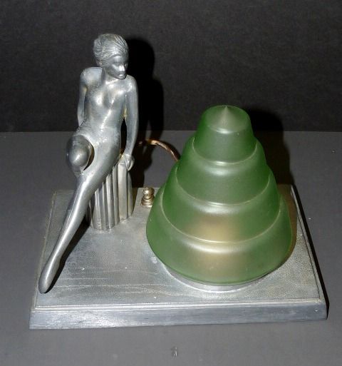 Art Deco Nude Boudoir Lamp with Green Conical Shade Art Deco Nude Boudoir Lamp with Green Conical Shade