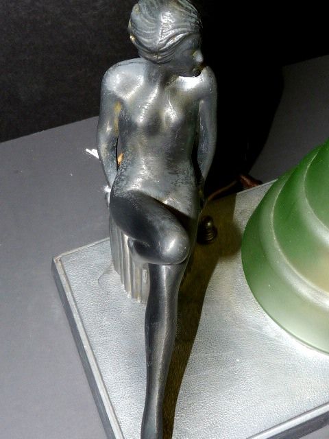 Art Deco Nude Boudoir Lamp with Green Conical Shade Art Deco Nude Boudoir Lamp with Green Conical Shade
