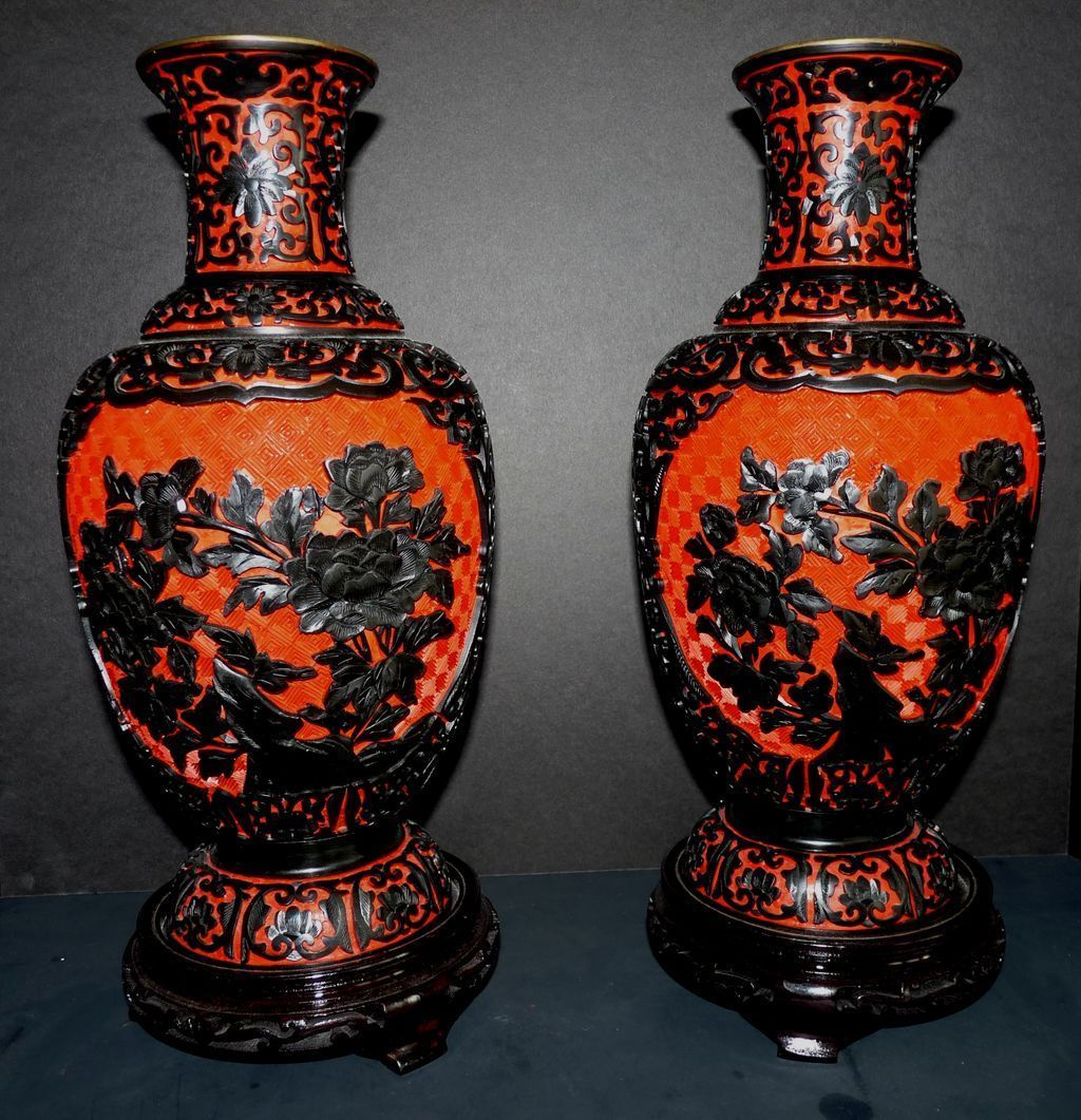 Pair Chinese Lacquer Vases from kimberlysrarities on Ruby Lane