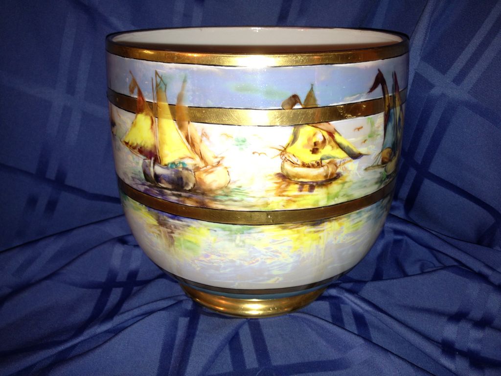 Guerin Limoges Jardiniere with Handpainted Sailboats Gold & Lustre Signed Jennings Guerin Limoges Jardiniere with Handpainted Sailboats Gold & Lustre Signed Jennings