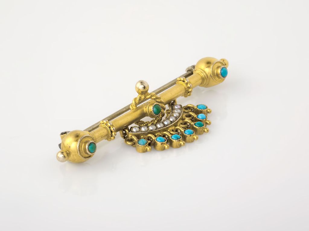 Antique Victorian 14k yellow gold turquoise and seed pearl brooch Antique Victorian 14k yellow gold turquoise and seed pearl brooch