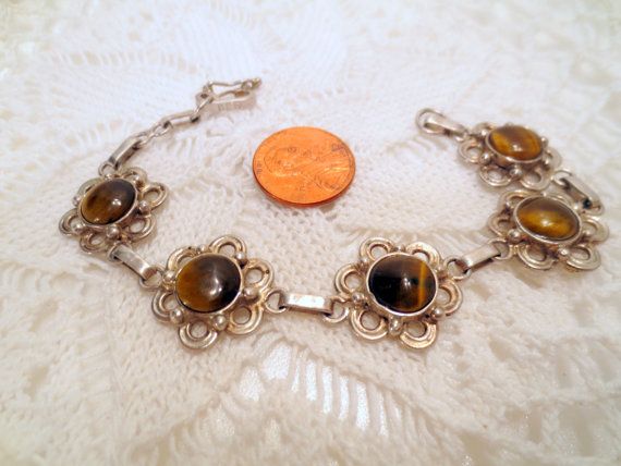 Vintage Tigers Eye Bracelet, 950 Sterling Silver, flower Settings vintage jewelry silver jewellery Vintage Tigers Eye Bracelet, 950 Sterling Silver, flower Settings vintage jewelry silver jewellery