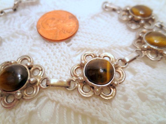 Vintage Tigers Eye Bracelet, 950 Sterling Silver, flower Settings vintage jewelry silver jewellery Vintage Tigers Eye Bracelet, 950 Sterling Silver, flower Settings vintage jewelry silver jewellery